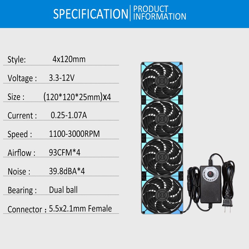 120mmx4 480mm Adjustable Computer PC Vent Fans 3-12V Speed Controller