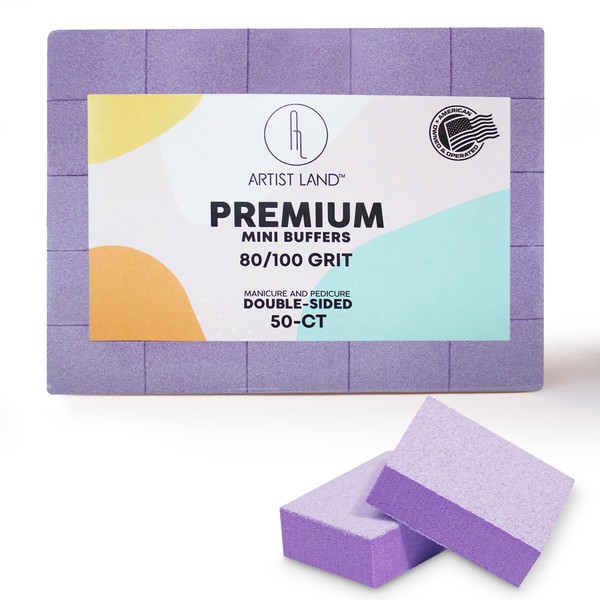 Artist Land Purple Mini Buffer Set 80/100 Grit – 50 Ct - Professional Grade Salon Quality Nail Buffing Blocks Pack for Pre-Application of Polish, Gel, Acrylic, Double-Sided Buffer Blocks