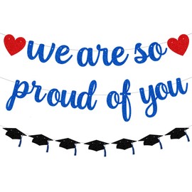 ANFEST 2025 Graduation Banner, Pre-Strung We Are So Proud of You Garland for Congratulation Graduation Party, NO DIY Black and Blue Glittery Letter Hat Sign for School Classroom, Home Party