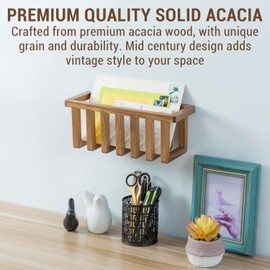 MyGift 11 Inch Premium Solid Acacia Wood Wall Mounted Mail Letter Holder Basket, Rustic Farmhouse Wooden Hanging Card Storage Rack, Home or Office Organizer