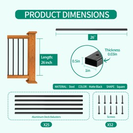 TOPTGO Black Metal Deck Balusters 26", Deck Railing and Indoor Stairs Railing, Hollow Rectangular Stair Railing with Screws for Deck Railing and Outdoor Porch-25Pack