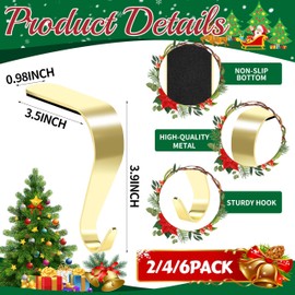 Palonu Christmas Stocking Holders Mantel Stcoking Hangers Metal Hanging Hooks Ornament Hooks Fireplace Hanger Grip for Christmas Decorations (4, Gold)