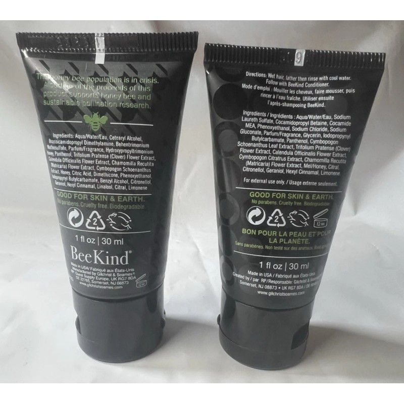 BeeKind Shampoo/Conditioner Duo Set Travel Size 1oz Tubes by Gilchrist