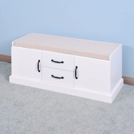 P PURLOVE Storage Bench Entyrway Bench Shoe Bench with Cushion and 2 Drawers and 2 Cabinets for Entryway Living Room (White)