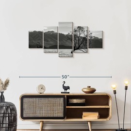 Elephant Stock - Monochromatic Wanaka Lake Tree Wall Art - Horizontal Multi Panel Canvas - 5 Piece Living Room Wall Decor - Photography Floral And Botanical Multi Piece Wall Art - Gray And Black Decor - 42" x 19"