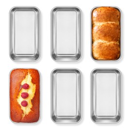 E-far Mini Loaf Pan Set of 6, 6.3 x 3.5 Inch Bread Baking Pans for Oven Air Fryer, Stainless Steel Small Meatloaf Pans for Homemade Bread Individual-sized Brownies, Non-toxic & Dishwasher Safe