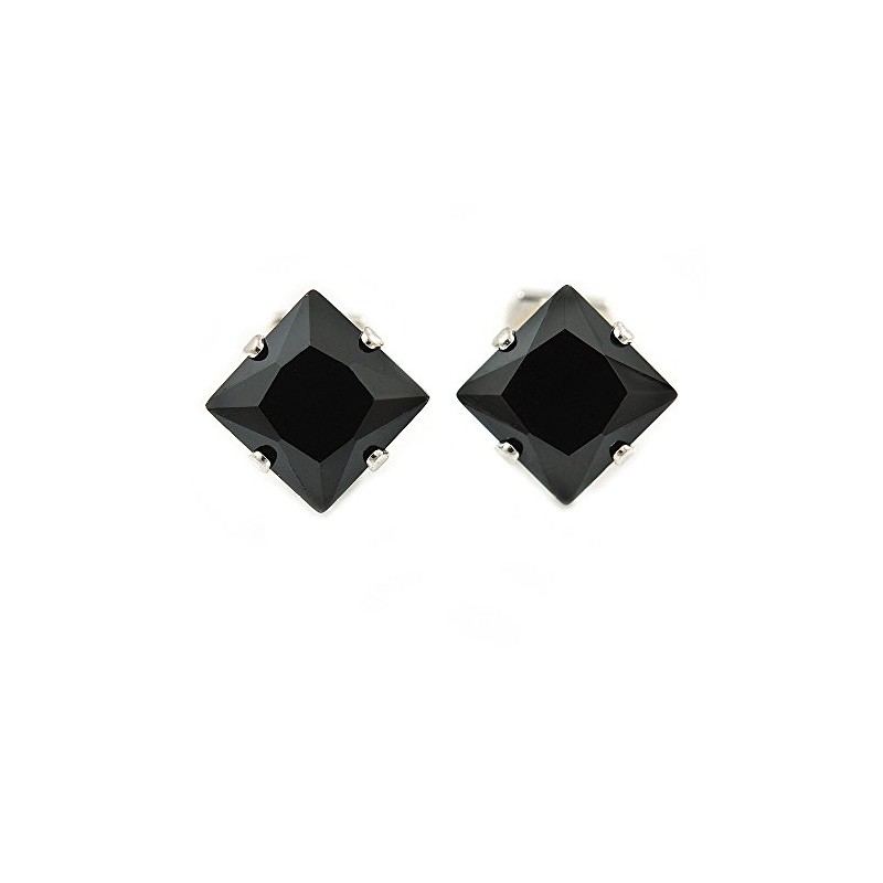 8mm Black Cz Square Clip On Earrings In Rhodium Plating