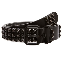 1 1/2" Snap On Three Row Punk Rock Star Metal Studded Cowhide Leather Belt, Black/Black | 32"