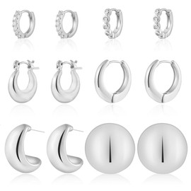 HILXURY 6 Pairs Gold Hoop Earrings for Women, 14K Gold Plated Chunky Huggie Hoop Earrings Set Hypoallergenic, Lightweight Twisted Open Hoops Jewelry for Christmas/Birthday Gifts. (1Silver)