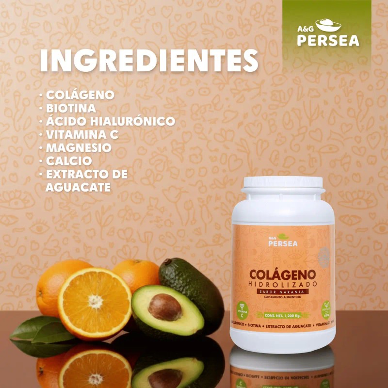 Colágeno Hidrolizado Persea Ácido Hialurónico Biotina Polvo Sabor Naranja