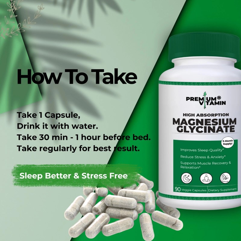 Premium Vitamin Magnesium Glycinate 1000mg 90 counts 100% Chelated Sleep