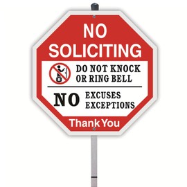 HEIOKEY No Soliciting Sign with Stake 10" x 28" Aluminum Do Not Knock or Ring Bell, No Excuses, No Exceptions Yard Sign, No Soliciting Thank You Sign, No Solicitors Sign for House Lawn Business (Red)