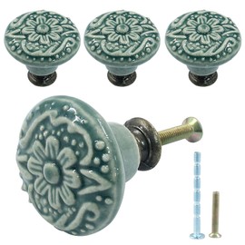 Piutouyar Green Ceramic knobs, Kitchen Cabinet Knobs, Retro Dresser Knobs, Drawer Knobs, Furniture Knobs and Pulls for Drawer, Dressers, Cupboard, Closet, 34mm / 1.3Inch Diameter(4Pcs)