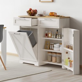 DWVO Tilt Out Trash Can Cabinet, 10 Gallon Kitchen Garbage Cabinet with 2 Drawers & Adjustable Shelves, Trash Bin Cabinets for Kitchen Living Room, Off White