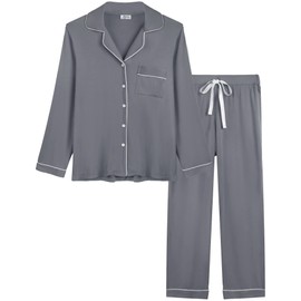 Cherrydew Women Long Sleeve Pajamas Set Bamboo Viscose Cooling Super-Soft Comfy Sleepwear Button Down Pj Lounge Sets(Gray,XL)