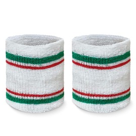 COUVER Premium Tennis Style Standard Size Sweatband Headband Wristbands Set - White/Green/Red Lines