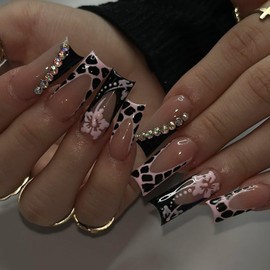 24 Pcs French Tip Press on Nails Long Fake Nails with Glue Coffin Shape False Nails with Flower Leopard Designs Ballerina Nail Tips Rhinestone Glue on Nails Reusable Stick on Nails for Women Girls