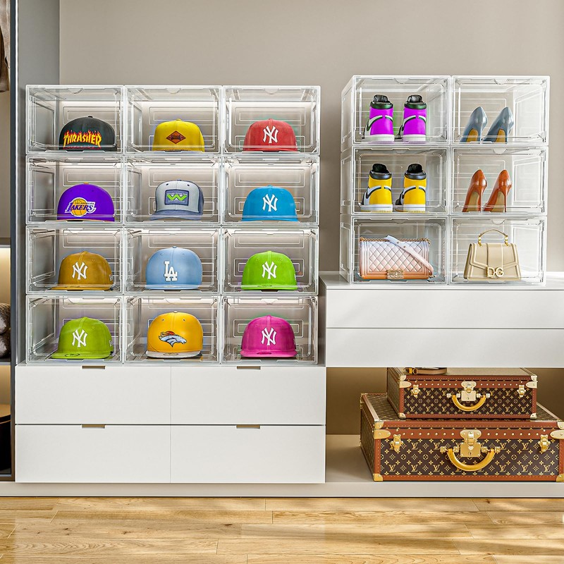 Hat Organizer Box for Baseball Caps, 6 Pack Clear Plastic