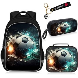 Fitvc School Backpack for Boys - 4pcs Soccer Boys Backpack with Lunch Box Set for Kids Children Teens Elementary Middle School - 17″ Sport Bookbag Travel Back Pack for Age 6-18