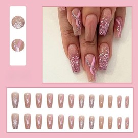 Pikabows Press On Nails Medium Coffin Fake Nails Acrylic French Tip Pink Swirl Nude Glitter False Nail Tips Kit Glue on Nails for Women