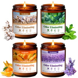 4 Pack Odor Eliminating Candles Set - Eliminates 95% of Pet, Smoke, Food, and Other Smells Quickly - Air Freshing Scent of Lavender/Orange/Mint/Cotton - 28oz Soy Candles for Home Scented, 200 Hours