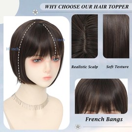 Civrie Short Bob Hair Topper for Women with Bangs Side Part 10 inch Synthetic Hair Toppers for Women Thinning Hair Wig Toppers (Dark Brown)