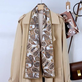 WELROG Long Rectangular Silk Scarf 150 x 16 cm - Paisley & Rural Style Print on Real Silk, coffee, Unit size