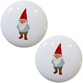 Set of 2 Gnome with Red Boots Ceramic Cabinet Drawer Pull Knobs