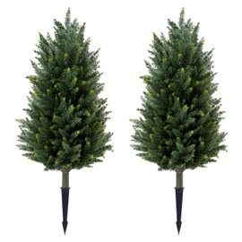 2 Packs of Fake Cypress Plants, 3FT Artificial Cedar Pruning Tree, with Ground Spikes, UV Resistant Artificial shrubs, Suitable for Outdoor and Indoor Front Porch Gardens
