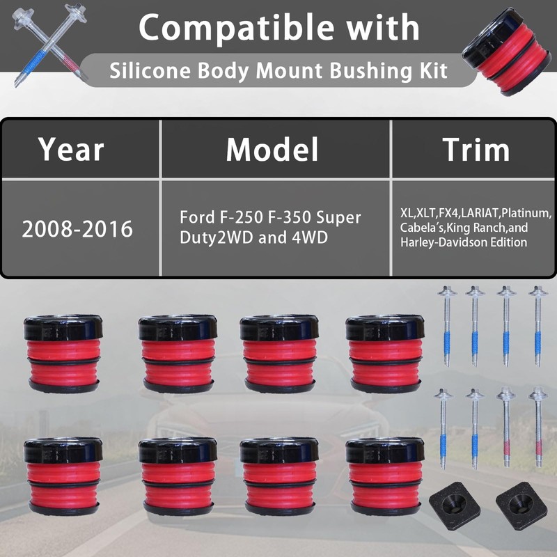 Silicone Body Mount Bushings Bolt Kit Compatible with Ford F250