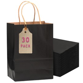 qiqee 30-Packs Black Gift Bags with Handles Bulk 10.8"x8.3"x4.3" Medium Size Kraft Paper Bags Multiple Uses (Medium Size)