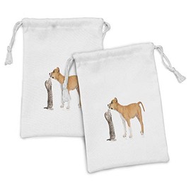 Ambesonne Dog Fabric Pouch Set of 2, Kitten Playing with Stafford Puppy Animal Friendship Domestic Pet Lover Print, Small Drawstring Bag for Toiletries Masks and Favors, 9" x 6", Oange Brown White