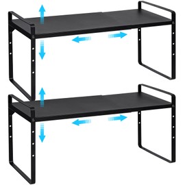 Set of 2 Expandable Cabinet Shelf Organizer, Stackable Kitchen Countertop Shelves Spice Racks, Small Metal Storage Shelf For Cupboard Counter Tabletop, 30 LBS Heavy Duty, Adjustable, 13.8" to 21.6"