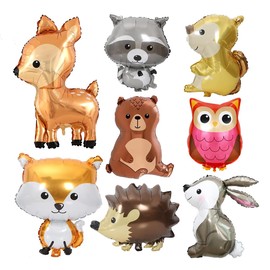 8 Pcs Woodland Animal Balloons, Large Cute Forest Animal Foil Balloons, Deer Raccoon Brown Hedgehog Owl Rabbit Fox Squirrel Rabbit Balloons for Woodland Themed Party Camping Birthday Baby Shower