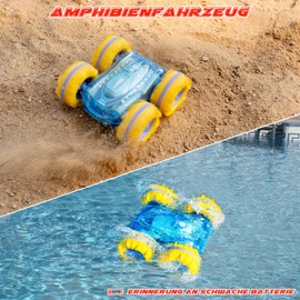 MUEZDUR Amphibienfahrzeug Ferngesteuertes Auto mit LED Licht，Wasserdichter RC Stunt Auto 4WD 360° Flip 2.4G RC Crawler Spielzeug Mädche Jungen für 3 4 5 6 7 8+ Jahre für Geburtstags