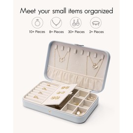 Vlando Travel Jewellery Box, Portable Jewellery Storage Case for Girls,PU Leather Storage for Earring Ring Necklace Bracelet with Adjustable Dividers Light Blue