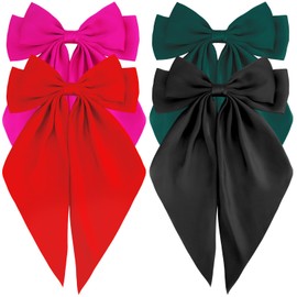 Atoden Hair Bows Silky Satin Bows for Hair Ribbons 4Pcs Coquette Oversized Long Tail Hair Bow Clips Barrettes Big Bowknot Hair Accessories for Women Girl Trendy Stuff Gifts (Red Green Hot Pink Black)