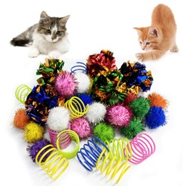 hersmile Cat Toys for Indoor,35 Pack Interactive Cat Toy Pack Including Crinkle Balls,Sparkle Balls,Spiral Springs for Most Cats,Interactive Toys for Cats Ball Toys Products Kitten Toys Random Color
