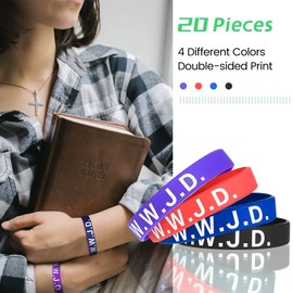 Jadive 20 Pieces WWJD Webbing Bracelets WWJD Bracelet Pack WWJD Rubber Silicone Wristband What Would Jesus Do Bracelet Religious Christian Bible Fundraisers Bracelets (Red, Black, Dark Blue, Purple)