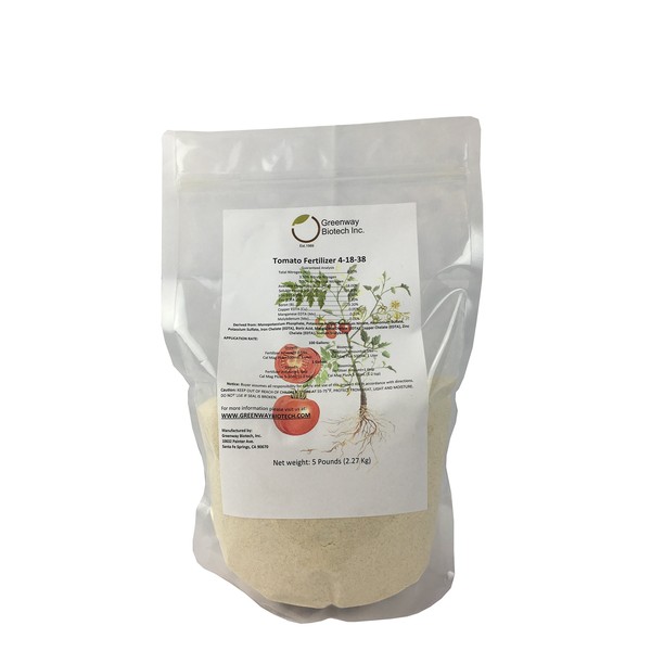 Tomato Fertilizer 4-18-38 Powder 100% Water Soluble Plus Micro Nutrients and Trace Minerals"Greenway Biotech Brand" 5 Pounds (Makes 1000 Gallons)