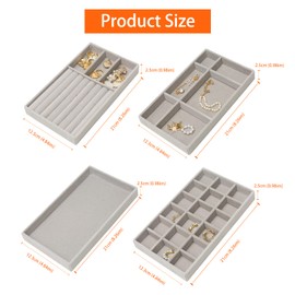 TOUNALKER 8Pcs Velvet Jewelry Organizer Tray, Stackable Jewelry Trays Storage Holder, Drawer Insert Divided Jewelry Display Tray Case for Earring Necklace Bracelet Ring Brooch Watch(Grey)