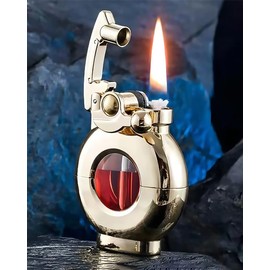 Lighters Kerosene Antique Pocket Lighter Soft Flame Transparent Fuel Tank Rocker Arm Lighter for Collection-Decorative-Gift-Present (Gold)
