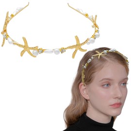 Ravlzors Mermaid Starfish Headband Gold Pearl Bridal Headpiece Fashion Beaded Hair Band Beach Wedding Hair Accessories for Women and Girls