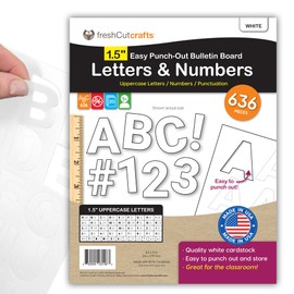 FreshCut Crafts 636 Pcs 1.5 in. White Bulletin Board Letters & Numbers, Capital Alphabet Letters, Numbers, Punctuation, US Made Card Stock Punch Out Letters for Posters, Bulletin Boards, Classroom