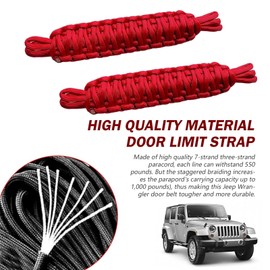 Polcatay 2 PCS Door Limit Strap, Car Door Anti-collision Anti-scratch Protection Swing Limiter, Heavy-duty Paracord Hand-woven Straps Locator, Compatible with Jeep Wrangler CJ YJ TJ JK JKU JL (Red)