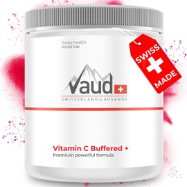 VAUD® Natürliches Vitamin C Pulver - Gepuffertes Vitamin C mit Kalzium- 200 Gramm - Hochdosiert Mit Gepuffertes Vitamin C, Kalzium - 100% Natürlich - Vegan - Laborgeprüft - Hergestellt in der Schweiz