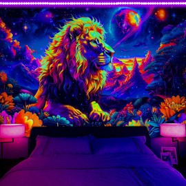 Blacklight Lion Tapestry, Neon Trippy Galaxy Space UV Reactive for Men Hippie Cool Wild Animal Glow in The Dark Magic Mountain Art Wall Hanging for Living Room, 60X40