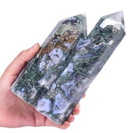 VIZYTOU Large Heaing Crystal Stone Tower Two Pointed Wand Column Moss Agate Obelisk Meditation Stone 2.8-3.3 Pound