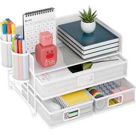 Marbrasse 3 Tier Mesh Desk Organizer with Drawer, Multi-Functional Desk Organizers and Accessories, Paper Letter Organizer with 2 Pen Holder for Home Office Supplies - White
