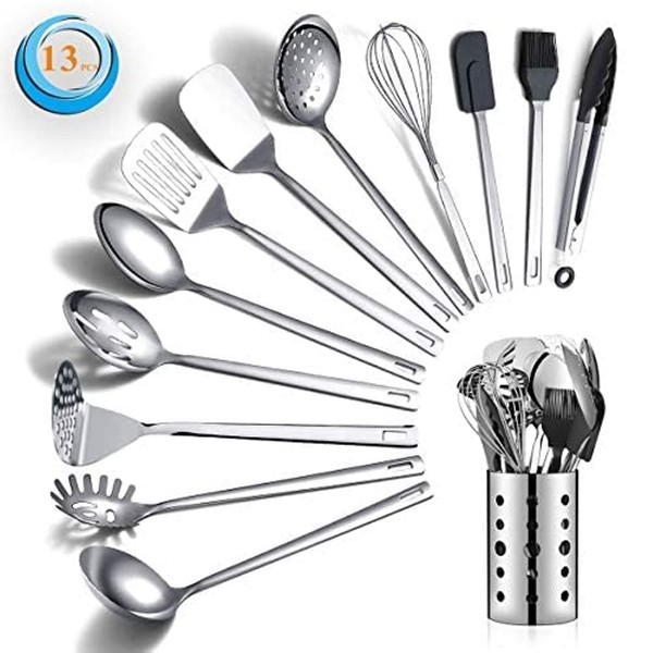 Berglander Stainless Steel Cooking Utensils Set, 13 Pieces Kitchen Utensils Set, Kitchen Tools Set with Utensil Holder Non-Stick and Heat Resistant,Dishwasher Safe, Easy to Clean (13 Packs)